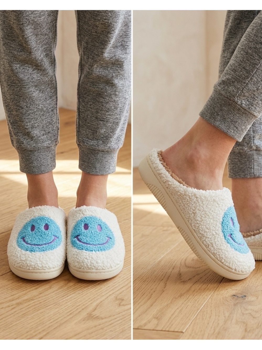 Teddy Slippers(2) Bundle-Wayland Square Size XS & Small Beige Blue Happy Face